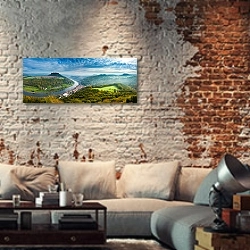 «Вид со смотровой площадки Бастай в Саксонской Швейцарии» в интерьере гостиной в стиле лофт с кирпичными стенами