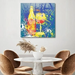 «Вино и бокал, рисунок пятнами на синем фоне» в интерьере кухни над кофейным столиком