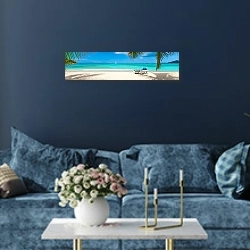 «Панорама райского тропического пляжа» в интерьере стильной синей гостиной над диваном