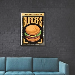 «Бургеры. Реклама ресторана быстрого питания» в интерьере в стиле лофт с черной кирпичной стеной
