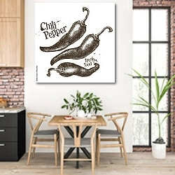 «Иллюстрация с чили перцем» в интерьере кухни с кирпичными стенами над столом