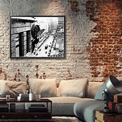 «История в черно-белых фото 549» в интерьере гостиной в стиле лофт с кирпичной стеной