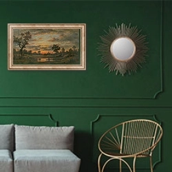 «Landscape at sunset» в интерьере классической гостиной с зеленой стеной над диваном