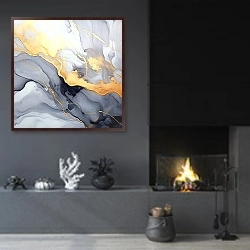 «Abstract gray with gold ink art 3» в интерьере гостиной в стиле минимализм с камином