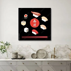 «Плакат с набором суши и роллов» в интерьере кухни в серых тонах