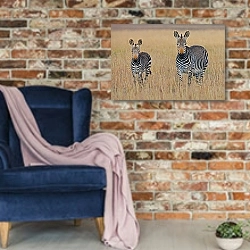 «Две африканские зебры» в интерьере в стиле лофт с кирпичной стеной и синим креслом