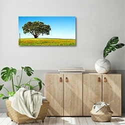 «Панорама с цветами и одиноким деревом» в интерьере современной комнаты над комодом
