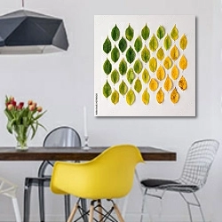 «Композиция из желто-зеленых листьев» в интерьере столовой в скандинавском стиле с яркими деталями