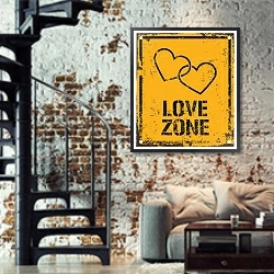 «love zone» в интерьере двухярусной гостиной в стиле лофт с кирпичной стеной