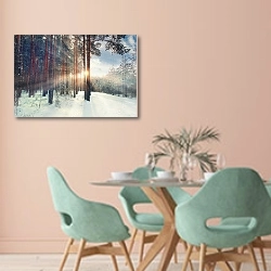 «Январский солнечный лес» в интерьере современной столовой в пастельных тонах