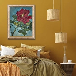 «Красный пион на синем фоне» в интерьере спальни  в этническом стиле в желтых тонах