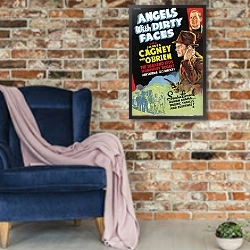 «Poster - Angels With Dirty Faces 2» в интерьере в стиле лофт с кирпичной стеной и синим креслом