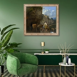 «Женщина и мальчик с животными» в интерьере гостиной в зеленых тонах