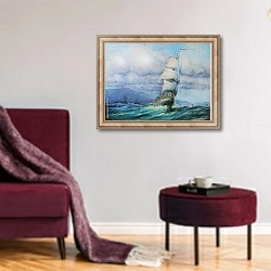 «Большой парусник в море» в интерьере гостиной в бордовых тонах