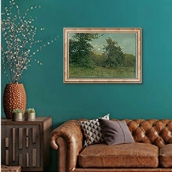 «Moonlit Landscape With Hrad Slanec» в интерьере гостиной с зеленой стеной над диваном