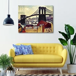 «View of Brooklyn Bridge» в интерьере современной гостиной с желтым диваном