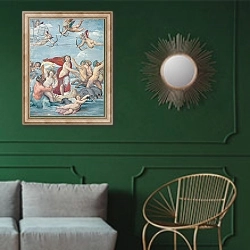 «The Triumph of Galatea, 1512-14» в интерьере классической гостиной с зеленой стеной над диваном