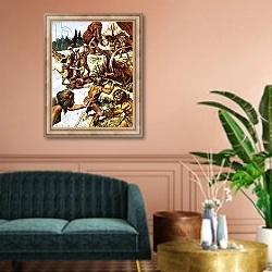 «Pre-historic men attacking mammoths» в интерьере классической гостиной над диваном