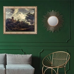 «Замок на горе у реки» в интерьере классической гостиной с зеленой стеной над диваном