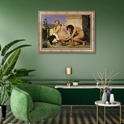 «Young Greeks Encouraging Cocks to Fight, 1846» в интерьере гостиной в зеленых тонах