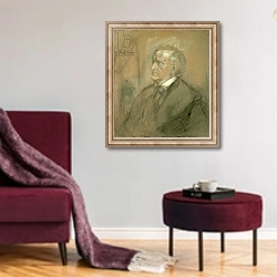 «Portrait of Richard Wagner 1868» в интерьере гостиной в бордовых тонах