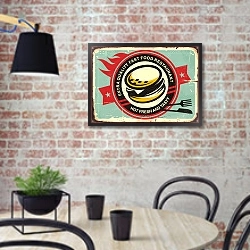 «Бургеры, ретро вывеска для кафе» в интерьере кухни в стиле лофт с кирпичной стеной