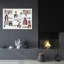 «Vertical-Horizontal Composition» в интерьере гостиной в стиле минимализм с камином