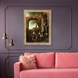 «Christ and the Samaritan Woman» в интерьере гостиной с розовым диваном