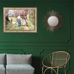 «Easter Eggs in the Country, 1908» в интерьере классической гостиной с зеленой стеной над диваном
