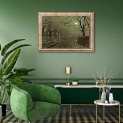 «Серебрянный лунный свет» в интерьере гостиной в зеленых тонах