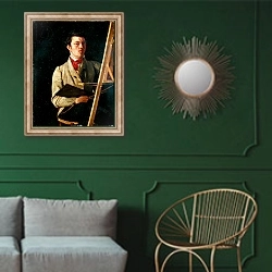 «Self Portrait, Sitting next to an Easel, 1825» в интерьере классической гостиной с зеленой стеной над диваном