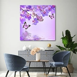 «Четыре бабочки и цветки орхидеи» в интерьере современной гостиной над комодом