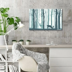 «Туманный лес с силуэтами оленей» в интерьере кабинета в скандинавском стиле с бетонной стеной