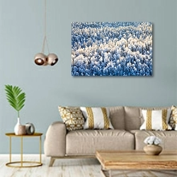 «Зимний лес, вид сверху» в интерьере современной гостиной с голубыми стенами