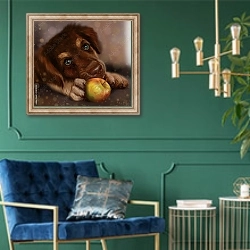 «Собака и яблоко» в интерьере в классическом стиле с зеленой стеной