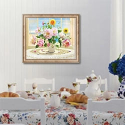 «Букет с цветами перед раскрытым окном» в интерьере кухни в стиле прованс над столом с завтраком