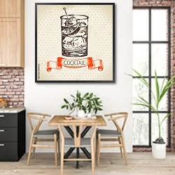 «Иллюстрация с коктейлем Лонг Айленд» в интерьере кухни с кирпичными стенами над столом