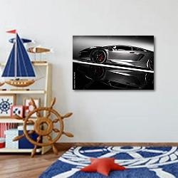 «Серый быстрый спортивный автомобиль » в интерьере детской комнаты для мальчика в морской тематике