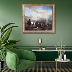«Всадники в циганском лагере» в интерьере гостиной в зеленых тонах