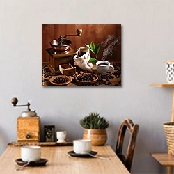 «Чашка эспрессо с деревянной дробилкой» в интерьере кухни над обеденным столом с кофемолкой