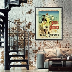«Reproduction of a poster advertising 'The Lover of Dancers', a modernist novel by Felicien Champsaur, 1888» в интерьере двухярусной гостиной в стиле лофт с кирпичной стеной