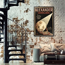 «Alexander, crystal seer sees our life from the cradle to the grave.» в интерьере двухярусной гостиной в стиле лофт с кирпичной стеной