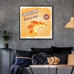 «Круассан, ретро плакат для пекарни» в интерьере гостиной в стиле лофт в серых тонах
