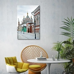 «Россия, Коломна. Зимний Кремль» в интерьере современной гостиной с желтым креслом