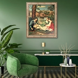 «Youth with a guitar and two girls sitting on a river bank» в интерьере гостиной в зеленых тонах