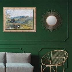 «Landscape near Petworth, c.1828» в интерьере классической гостиной с зеленой стеной над диваном