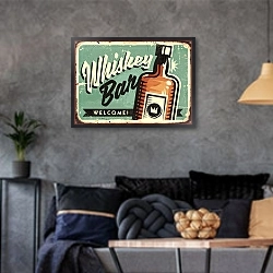 «Добро пожаловать в виски бар, ретро плакат» в интерьере гостиной в стиле лофт в серых тонах