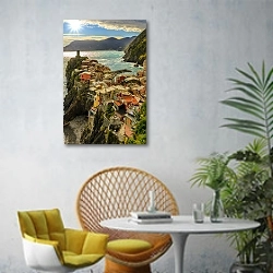 «Италия. Чинкве-Терре. Панорама. Вернацца.» в интерьере современной гостиной с желтым креслом