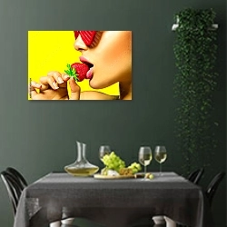 «Девушка в красных гламурные солнцезащитные очках ест клубнику» в интерьере столовой в зеленых тонах