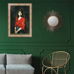 «Portrait of a Young Girl, The Shiverer» в интерьере классической гостиной с зеленой стеной над диваном